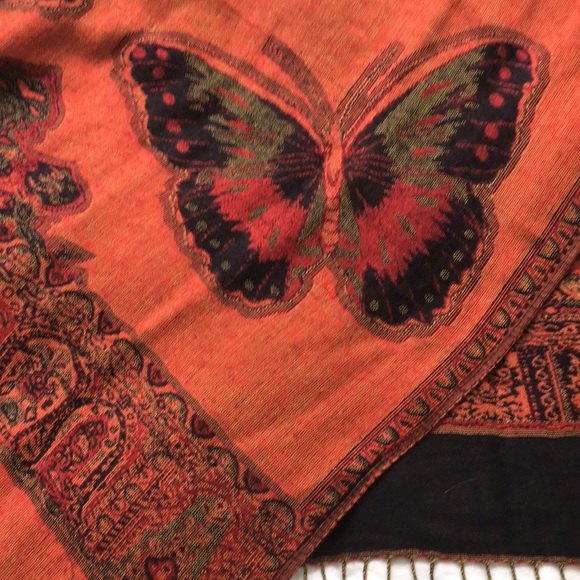 Red, black, orange Pashmina butterfly scarf - Picture 3 of 3